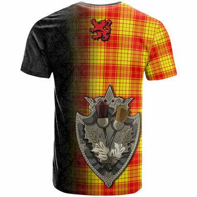 Scottish MacMillan Clan Tartan T-Shirt - Half Thistle Flowers Celtic Design Back Side Tartan Plaid