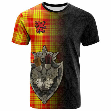 Scottish MacMillan Clan Tartan T-Shirt - Half Thistle Flowers Celtic Design Front Side Tartan Plaid