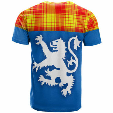 Scottish MacMillan Clan Tartan T-Shirt - Lion Rampant of Scotland With Flag Back Side Tartan Plaid