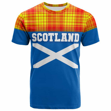 Scottish MacMillan Clan Tartan T-Shirt - Lion Rampant of Scotland With Flag Front Side Tartan Plaid