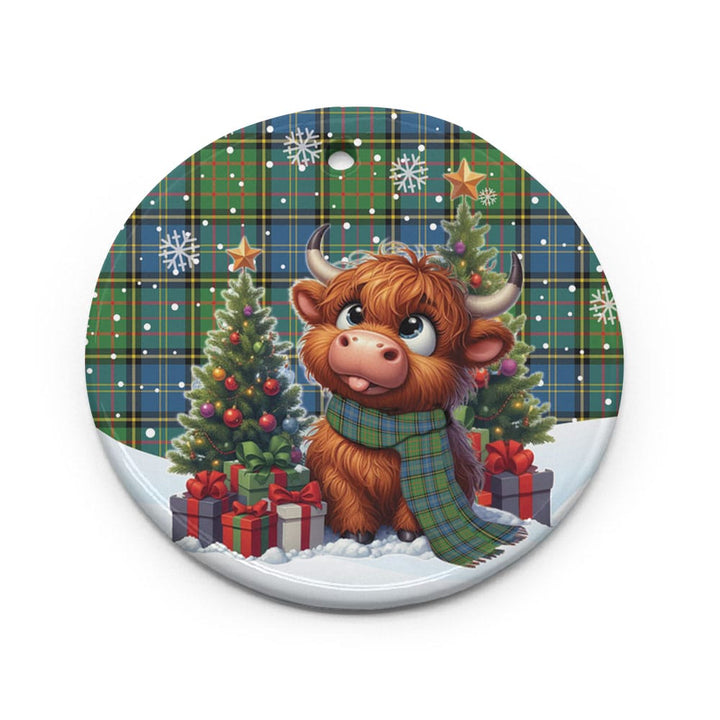 Scottish MacMillan Hunting Ancient Clan Tartan Ceramic Ornament Cute Highland Cow Christmas Circle Style Tartan Plaid