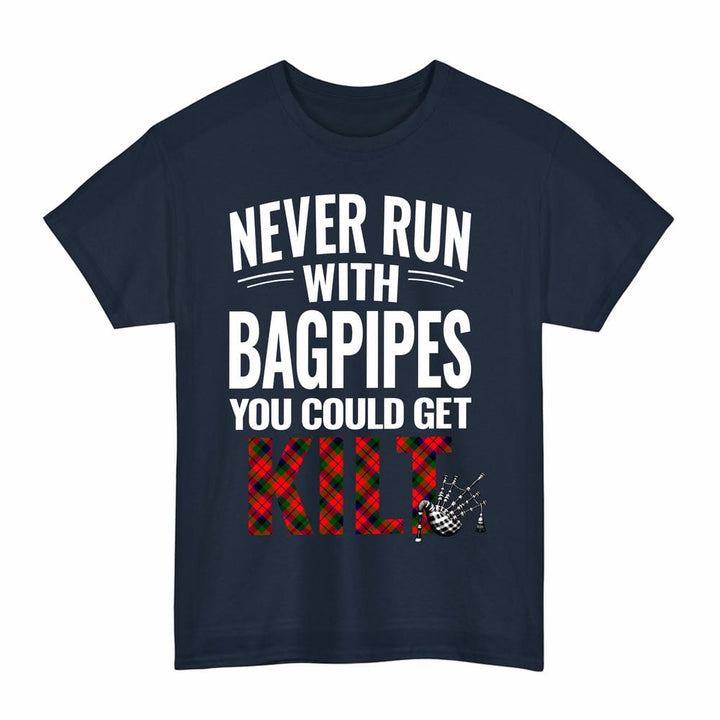 Scottish MacNaughton Modern Clan Tartan Never Run With Bagpipes T-Shirt Tartan Plaid Navy Color
