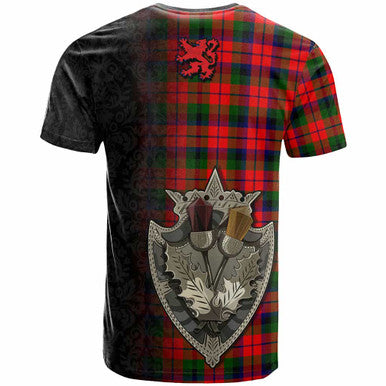 Scottish MacNaughton Modern Clan Tartan T-Shirt - Half Thistle Flowers Celtic Design Back Side Tartan Plaid