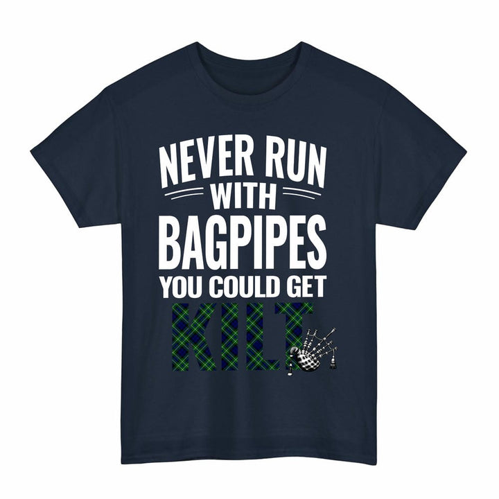 Scottish MacNeil of Colonsay Modern Clan Tartan Never Run With Bagpipes T-Shirt Tartan Plaid Navy Color