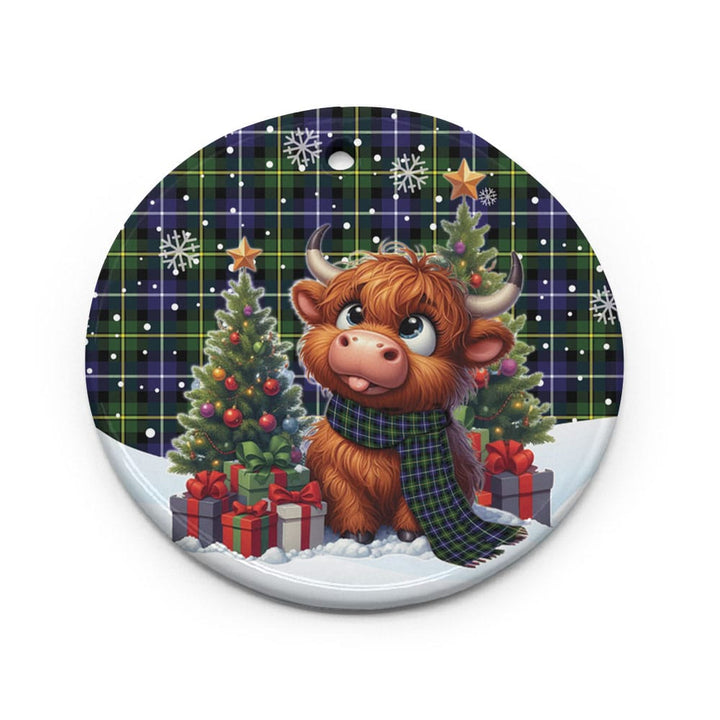 Scottish MacNeill of Barra Modern Clan Tartan Ceramic Ornament Cute Highland Cow Christmas Circle Style Tartan Plaid