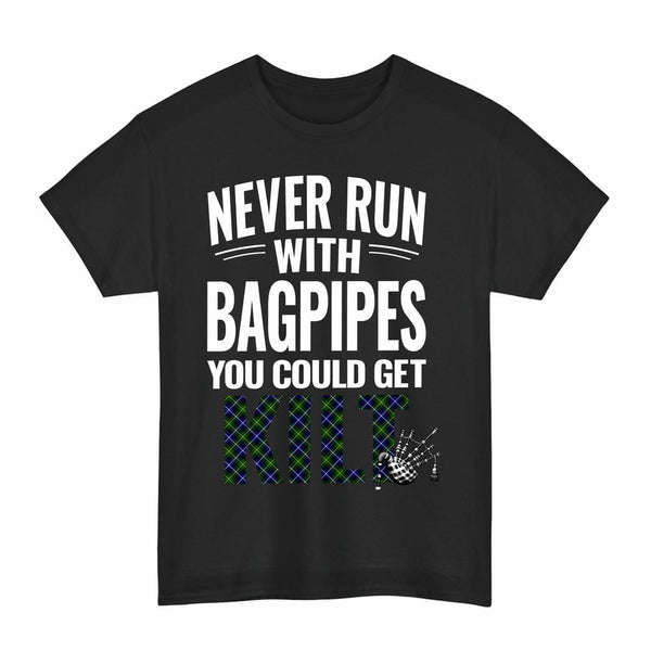 Scottish MacNeill of Barra Modern Clan Tartan Never Run With Bagpipes T-Shirt Tartan Plaid Black Color