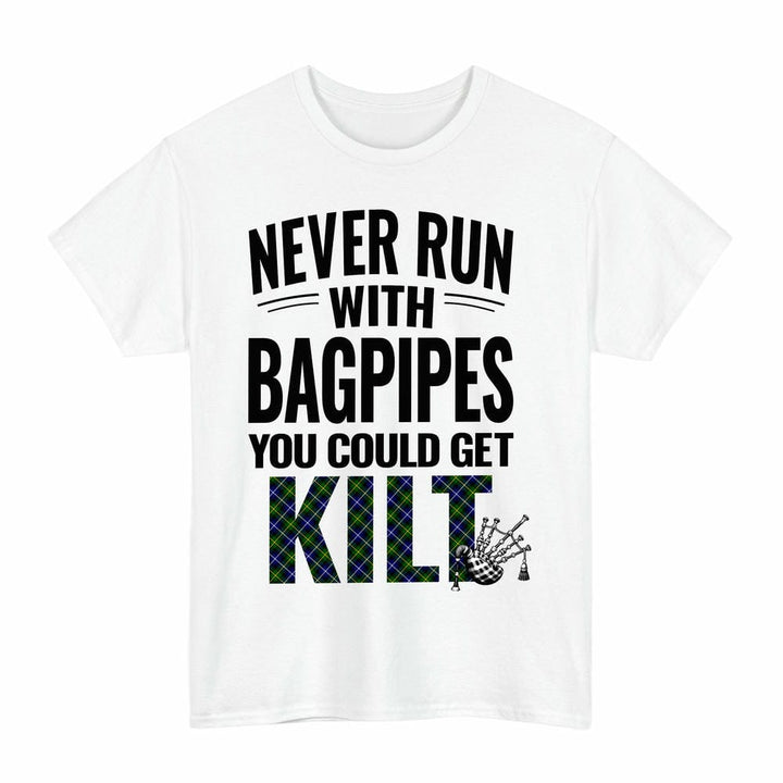 Scottish MacNeill of Barra Modern Clan Tartan Never Run With Bagpipes T-Shirt Tartan Plaid White Color