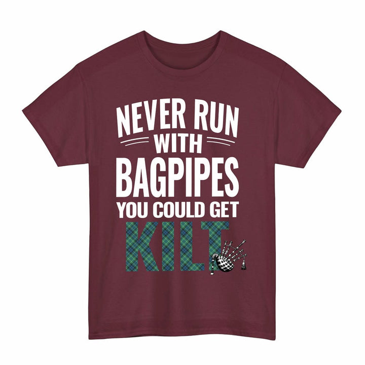 Scottish MacNeill of Colonsay Ancient Clan Tartan Never Run With Bagpipes T-Shirt Tartan Plaid Maroon Color