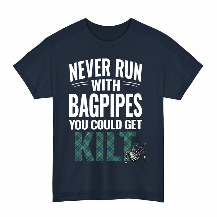 Scottish MacNeill of Colonsay Ancient Clan Tartan Never Run With Bagpipes T-Shirt Tartan Plaid Navy Color