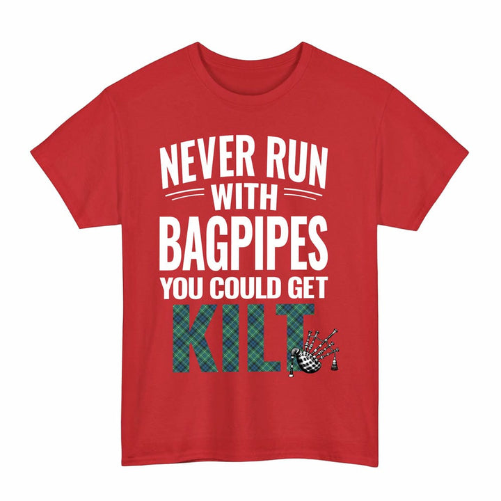 Scottish MacNeill of Colonsay Ancient Clan Tartan Never Run With Bagpipes T-Shirt Tartan Plaid Red Color