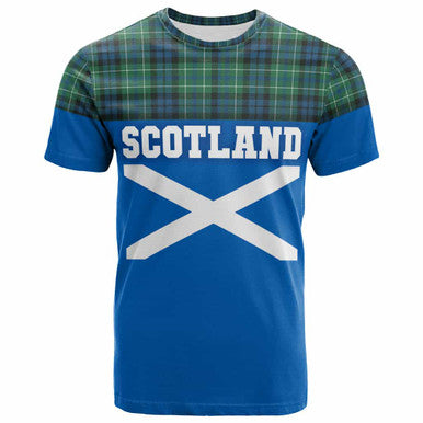 Scottish MacNeill of Colonsay Ancient Clan Tartan T-Shirt - Lion Rampant of Scotland With Flag Front Side Tartan Plaid