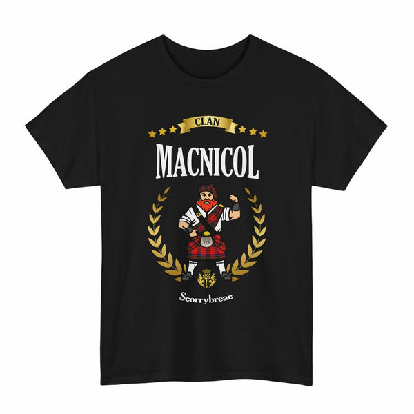 Scottish MacNicol (of Scorrybreac) Clan Tartan T-Shirt - Motto Scotsman Tartan Plaid Black Color