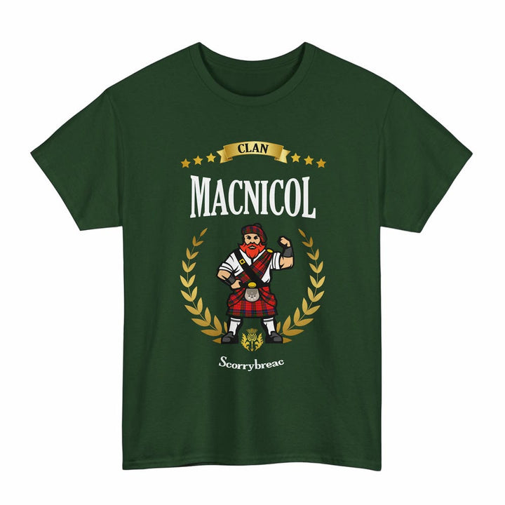 Scottish MacNicol (of Scorrybreac) Clan Tartan T-Shirt - Motto Scotsman Tartan Plaid Forest Green Color