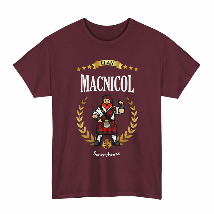 Scottish MacNicol (of Scorrybreac) Clan Tartan T-Shirt - Motto Scotsman Tartan Plaid Maroon Color