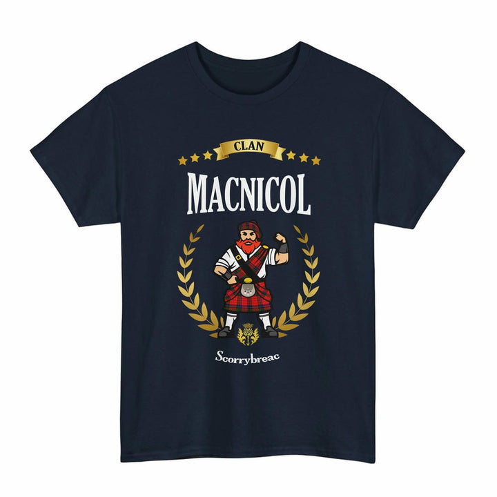 Scottish MacNicol (of Scorrybreac) Clan Tartan T-Shirt - Motto Scotsman Tartan Plaid Navy Color