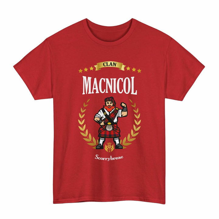 Scottish MacNicol (of Scorrybreac) Clan Tartan T-Shirt - Motto Scotsman Tartan Plaid Red Color