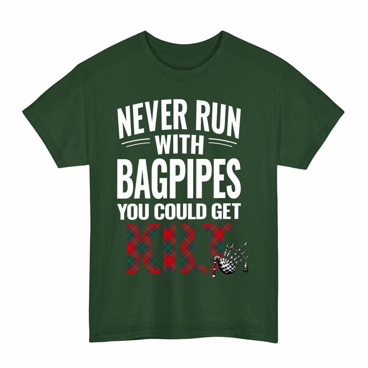 Scottish MacPhail Clan Tartan Never Run With Bagpipes T-Shirt Tartan Plaid Forest Green Color