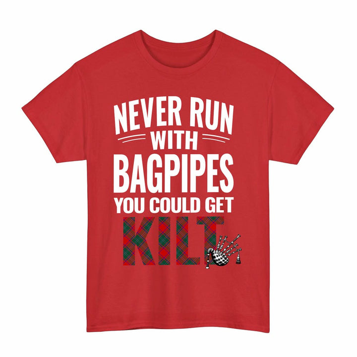 Scottish MacPhail Clan Tartan Never Run With Bagpipes T-Shirt Tartan Plaid Red Color