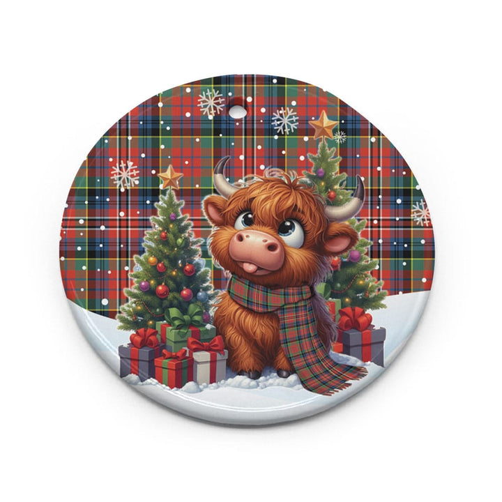 Scottish MacPherson Ancient Clan Tartan Ceramic Ornament Cute Highland Cow Christmas Circle Style Tartan Plaid