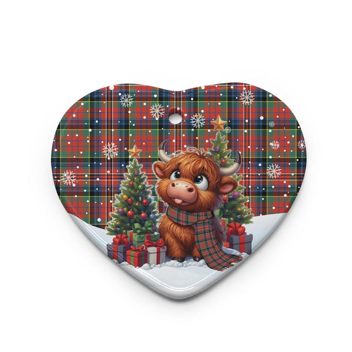 Scottish MacPherson Ancient Clan Tartan Ceramic Ornament Cute Highland Cow Christmas Heart Style Tartan Plaid