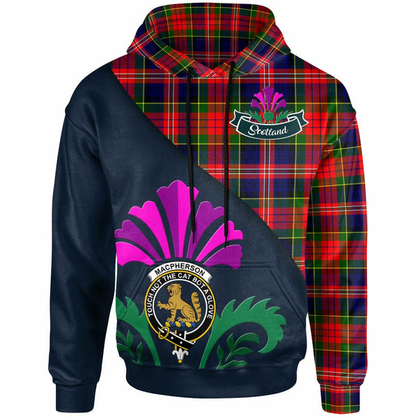 Scottish MacPherson Clan Crest Tartan Hoodie - Scotland Thistle Style Front Side Tartan Plaid