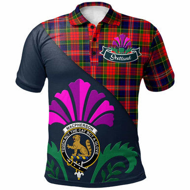 Scottish MacPherson Clan Crest Tartan Polo Shirt - Scotland Thistle Style Front Side Tartan Plaid