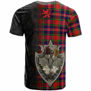Scottish MacPherson Clan Crest Tartan T-Shirt - Half Thistle Flowers Celtic Design Back Side Tartan Plaid