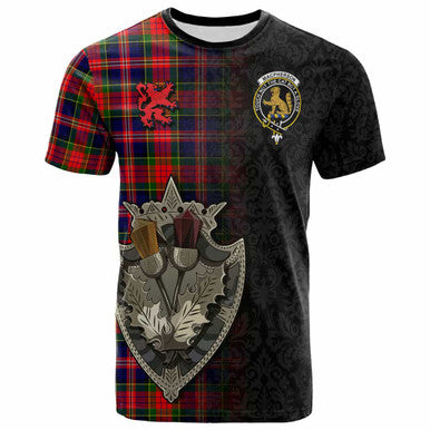 Scottish MacPherson Clan Crest Tartan T-Shirt - Half Thistle Flowers Celtic Design Front Side Tartan Plaid