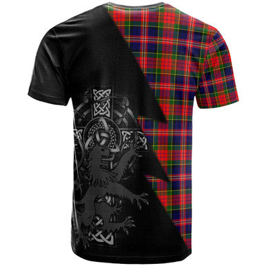Scottish MacPherson Clan Crest Tartan T-Shirt - Lion Rampant Celtic Cross Flash Style Back Side Tartan Plaid