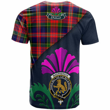 Scottish MacPherson Clan Crest Tartan T-Shirt - Scotland Thistle Style Back Side Tartan Plaid