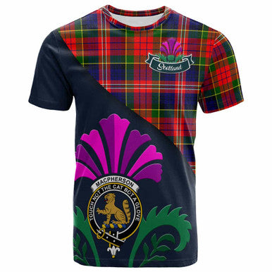 Scottish MacPherson Clan Crest Tartan T-Shirt - Scotland Thistle Style Front Side Tartan Plaid
