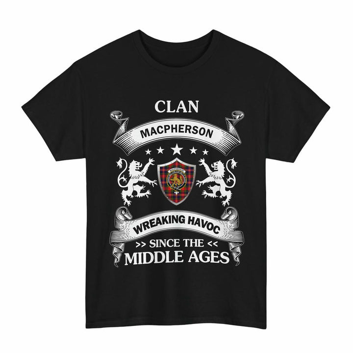 Scottish MacPherson Clan Crest Tartan T-Shirt Wreaking Havoc Design Tartan Plaid Black Color