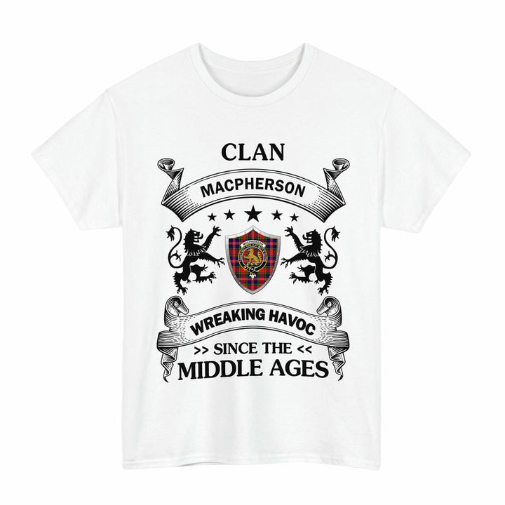 Scottish MacPherson Clan Crest Tartan T-Shirt Wreaking Havoc Design Tartan Plaid White Color