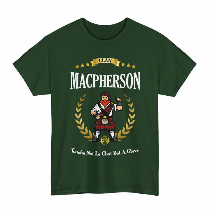 Scottish MacPherson Clan Tartan T-Shirt - Motto Scotsman Tartan Plaid Forest Green Color