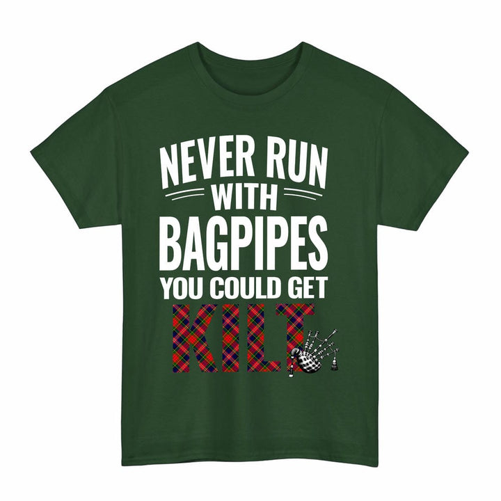 Scottish MacPherson Modern Clan Tartan Never Run With Bagpipes T-Shirt Tartan Plaid Forest Green Color