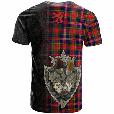 Scottish MacPherson Modern Clan Tartan T-Shirt - Half Thistle Flowers Celtic Design Back Side Tartan Plaid