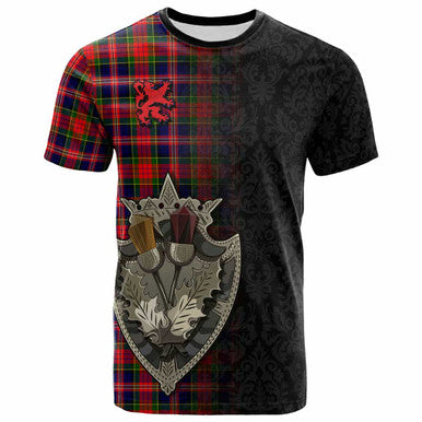 Scottish MacPherson Modern Clan Tartan T-Shirt - Half Thistle Flowers Celtic Design Front Side Tartan Plaid