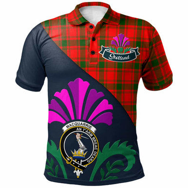 Scottish MacQuarrie Clan Crest Tartan Polo Shirt - Scotland Thistle Style Front Side Tartan Plaid