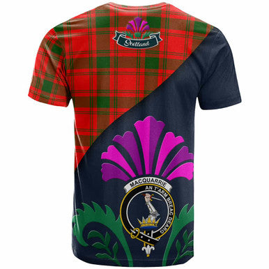 Scottish MacQuarrie Clan Crest Tartan T-Shirt - Scotland Thistle Style Back Side Tartan Plaid