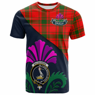 Scottish MacQuarrie Clan Crest Tartan T-Shirt - Scotland Thistle Style Front Side Tartan Plaid
