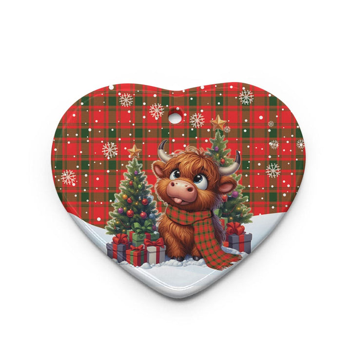 Scottish MacQuarrie Modern Clan Tartan Ceramic Ornament Cute Highland Cow Christmas Heart Style Tartan Plaid