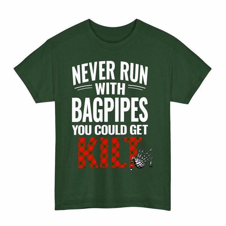 Scottish MacQuarrie Modern Clan Tartan Never Run With Bagpipes T-Shirt Tartan Plaid Forest Green Color