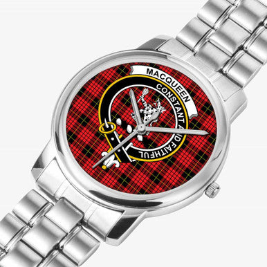 Scottish MacQueen Clan Crest Tartan Folding Clasp Steel Quartz Watches Tartan Plaid Silver 2