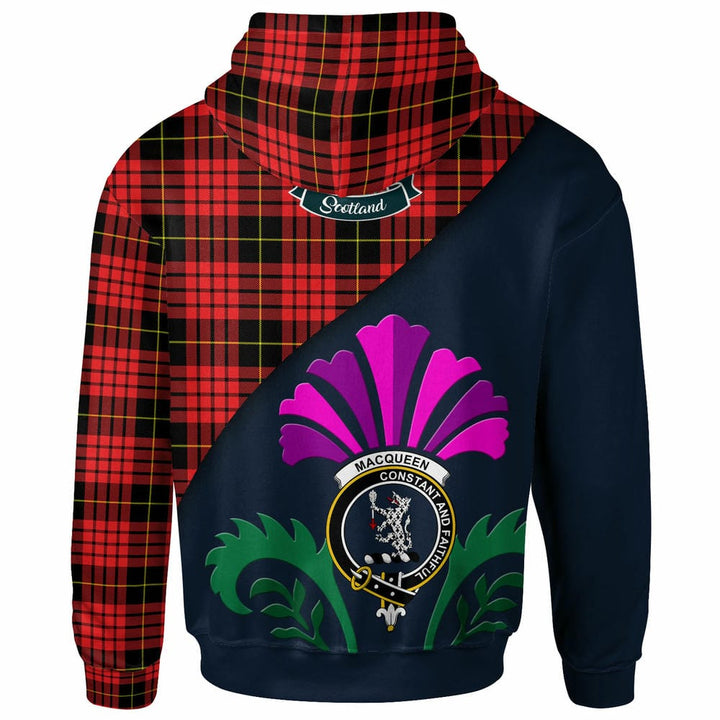 Scottish MacQueen Clan Crest Tartan Hoodie - Scotland Thistle Style Back Side Tartan Plaid