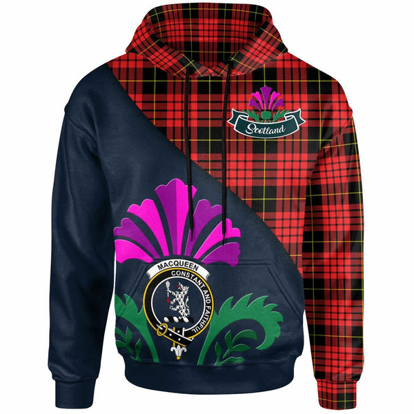 Scottish MacQueen Clan Crest Tartan Hoodie - Scotland Thistle Style Front Side Tartan Plaid