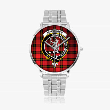 Scottish MacQueen Clan Crest Tartan Instafamous Steel Quartz Watches Tartan Plaid Silver 1