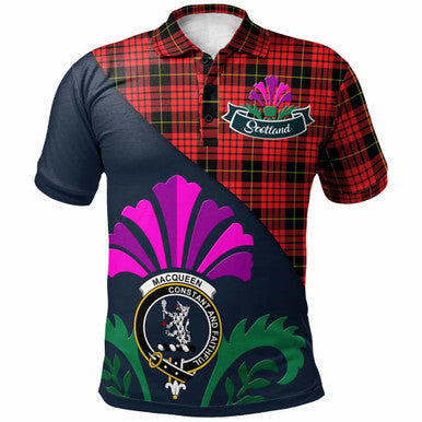 Scottish MacQueen Clan Crest Tartan Polo Shirt - Scotland Thistle Style Front Side Tartan Plaid