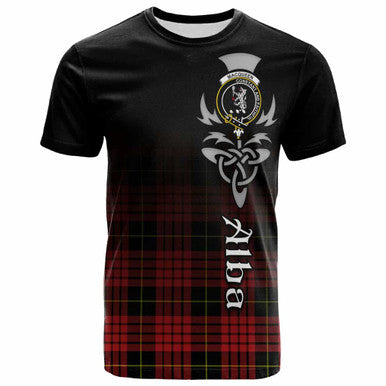 Scottish MacQueen Clan Crest Tartan T-Shirt - Alba Gu Brath Family Crest Celtic Inspired Front Side Tartan Plaid