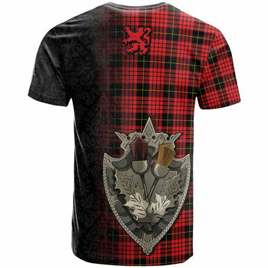 Scottish MacQueen Clan Crest Tartan T-Shirt - Half Thistle Flowers Celtic Design Back Side Tartan Plaid