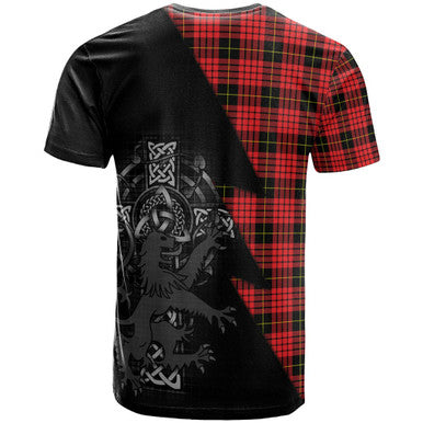Scottish MacQueen Clan Crest Tartan T-Shirt - Lion Rampant Celtic Cross Flash Style Back Side Tartan Plaid